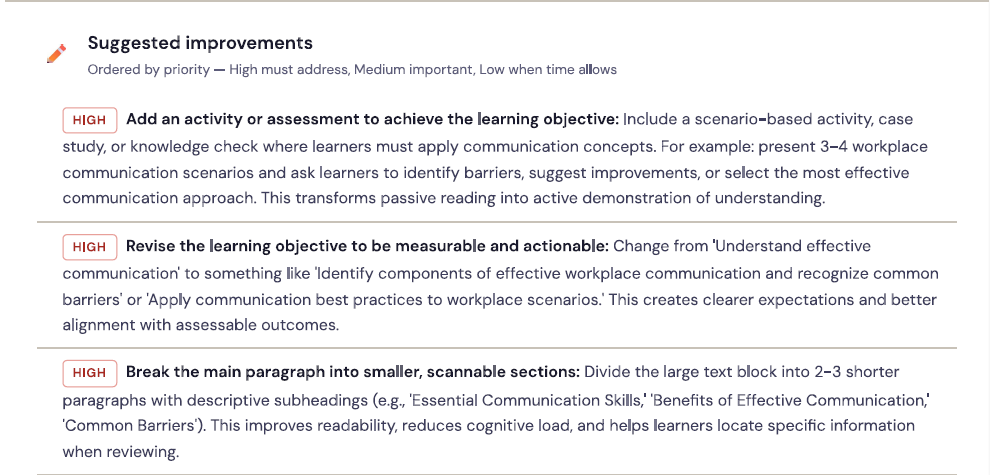 Look Again Suggested Improvements section listing three high-priority fixes: add an activity or assessment, revise the objective to be measurable, and break the main paragraph into scannable sections.